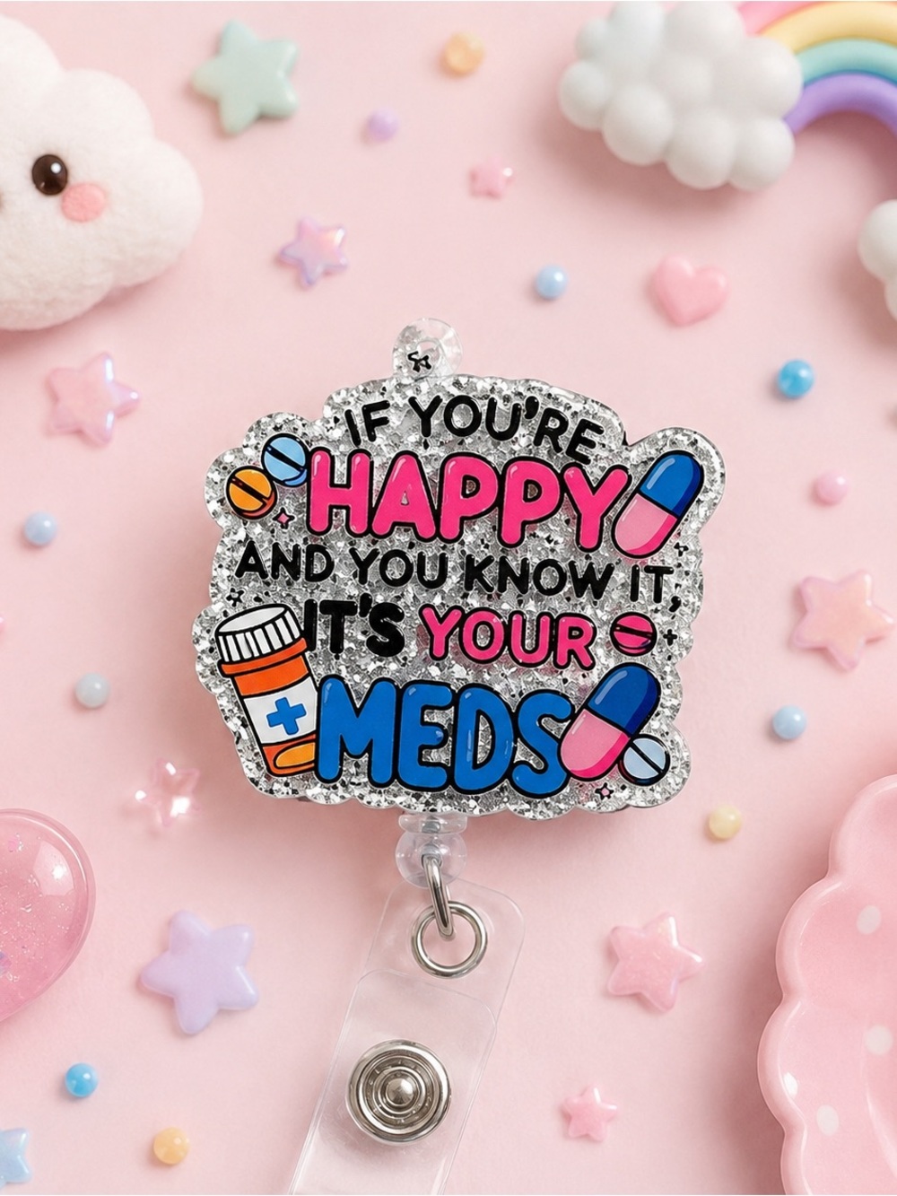 NWOT Funny Glitter Meds Badge Reel Nurse ID Holder Acrylic